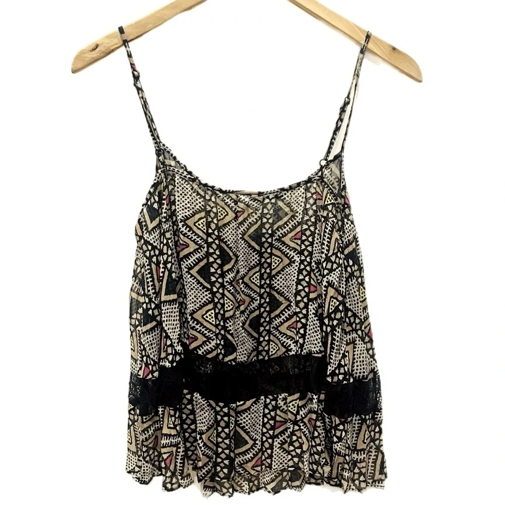 BCBGeneration Sheer Pleated Camisole with Lace Detail in Geometric Print Medium